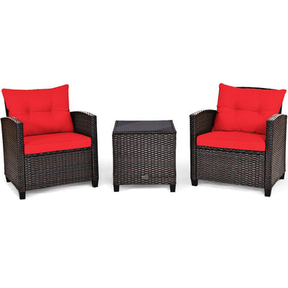 ☀️ Sunset Luxe Rattan Patio Set — 3-Piece Handwoven Outdoor Lounge with Red Cushions & Glass-Top Table ❤️✨