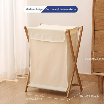 ✨ Collapsible Laundry Basket with Wooden Frame | Minimal Beige Fabric Hamper for Modern Homes