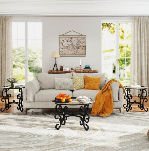 3-Piece Tempered Glass Coffee Table Set – Elegant Black Metal Living Room Tables with Round Side Tables ✨