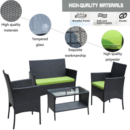☀️ Lime Luxe Rattan Patio Set — 4-Piece Outdoor Lounge with Black Weave & Bold Green Cushions 💚✨