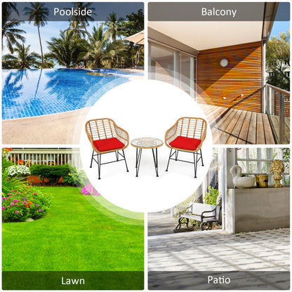 ☀️ Sunset Glow Rattan Bistro Set — 3-Piece Outdoor Patio Set with Red Cushions &amp; Glass-Top Table ❤️✨