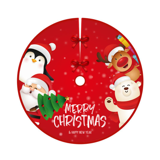 Red “Merry Christmas” Cartoon Tree Skirt – 90cm Soft Flannel Base Mat with Santa, Reindeer & Bear Design  Festive Holiday Decor for Families