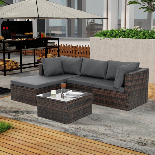 🖤 Noir Haven Rattan Lounge Set — 5-Piece Handwoven Outdoor Sofa with Cushions & Glass-Top Table ☀️✨