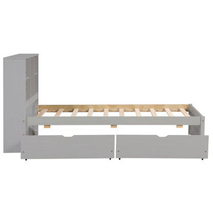 ✨ Modern Twin Bed with USB Port & Storage Drawers | Smart Bed Frame with Bookcase Headboard – Grey ️⚡