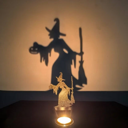 ✨ “Halloween Shadow Projection Candlestick – Spooky Witch & Skull Decor”