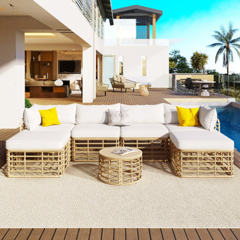 ☀️ Malibu Bliss Rattan Lounge Set — Modular 6-Seater Outdoor Sofa with Cream Cushions & Coastal Sand Finish 🏝️